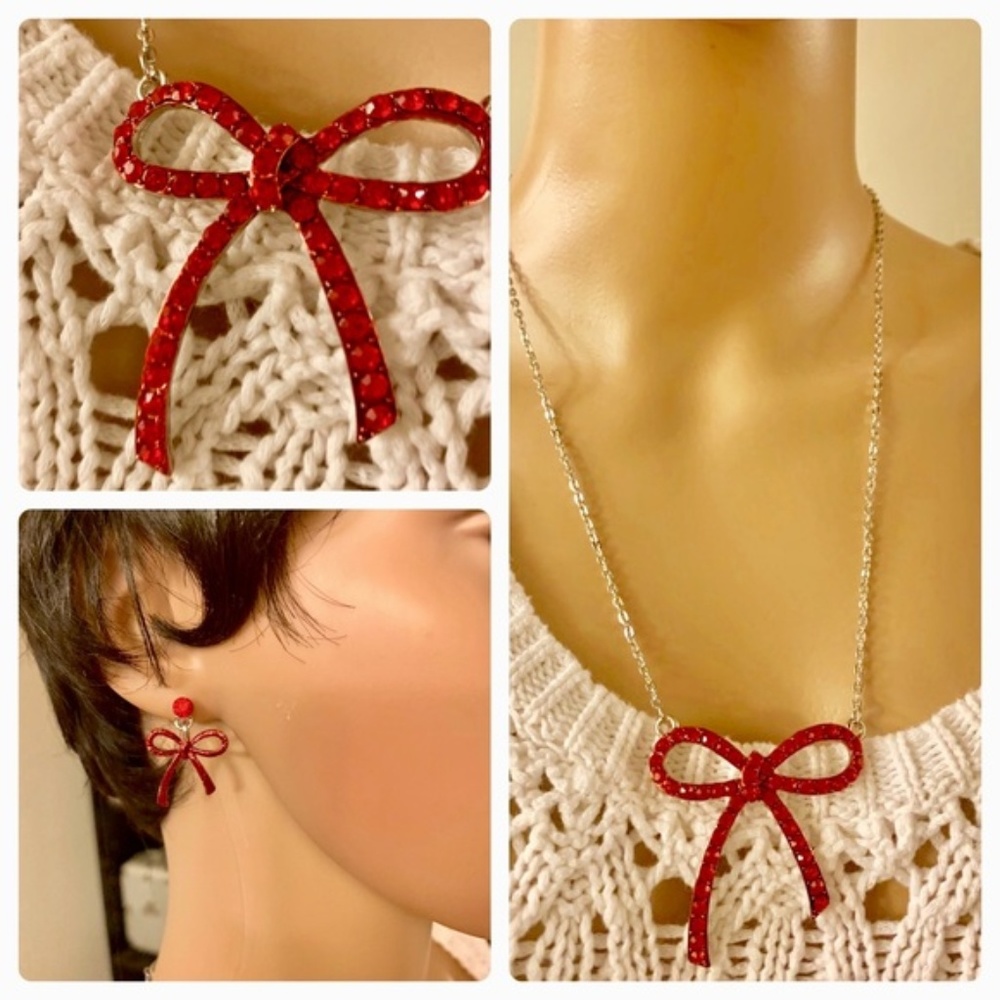 Red Bow Necklace and Earring Set